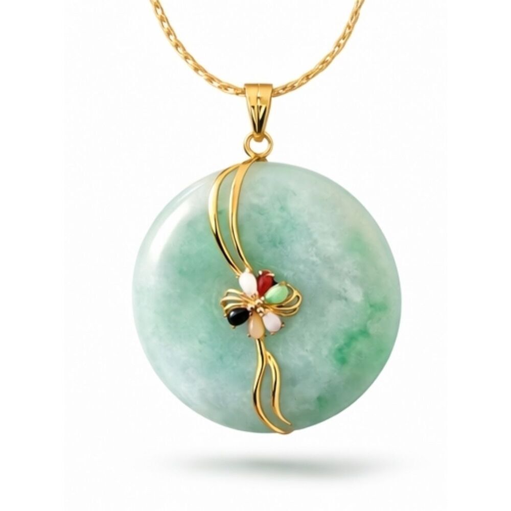 Jade Pendant Necklace 14K Gold Multicolor Gemstone Disc - Picture 2 of 4